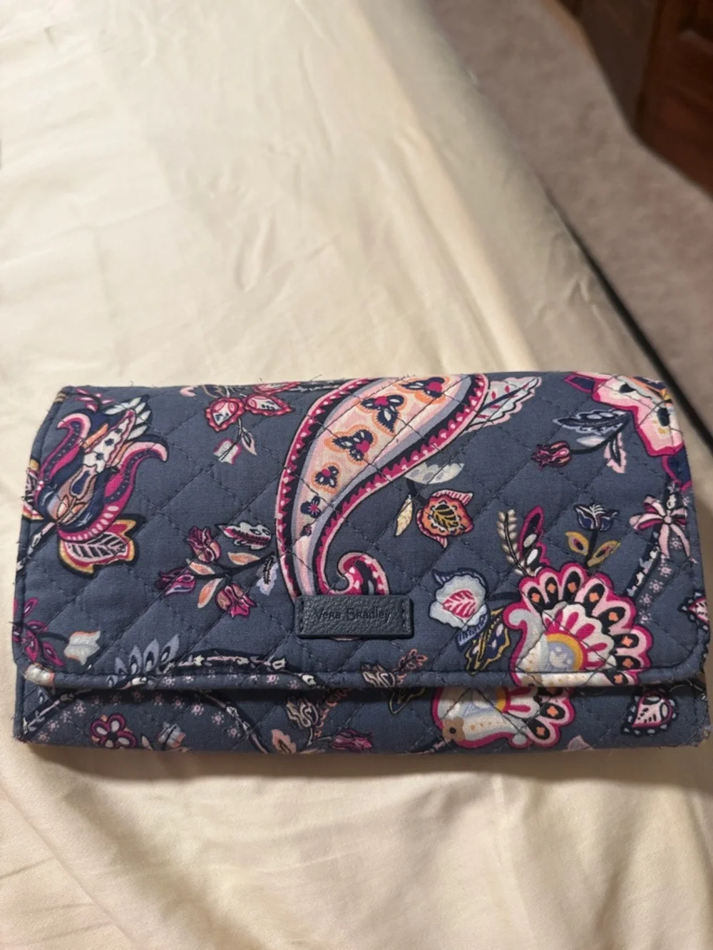 Vera Bradley Quilted Paisley Wallet in Navy with Pink Accents - Picture 1 of 3